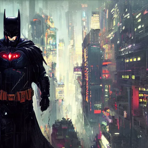 Image similar to cyberpunk batman, futuristic, brush strokes, oil painting, city background, greg rutkowski