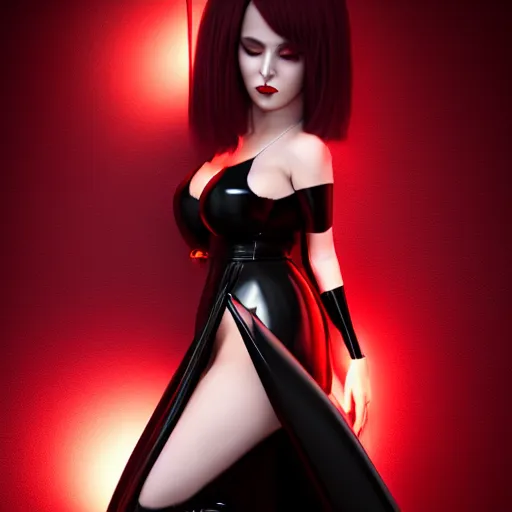 Prompt: a feminine curvy young hot demoness wearing a modest regal black-red latex-nylon dress, dark eyeshadow, eyelashes, cgsociety, photorealistic, sublime-hyperadvanced-seductive ambience, 16k, smooth, sharp focus, trending on ArtStation, volumetric lighting, fully clothed, thin waist