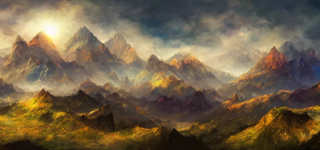 Image similar to vast mountain landscape, craggy mountains, magic the gathering, three - colors, three - color color palette, panoramic, wide angle, horizon, highly detailed