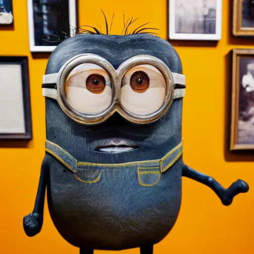 Prompt: photograph of a taxidermied minion in a museum