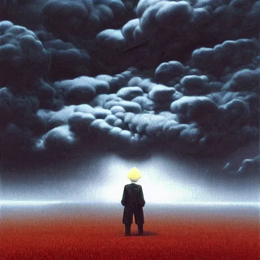 Prompt: killua hxh made by zdzisław beksinski, thunderstorm, 8 k, detailed, cinematic, rain, crying, black, suit