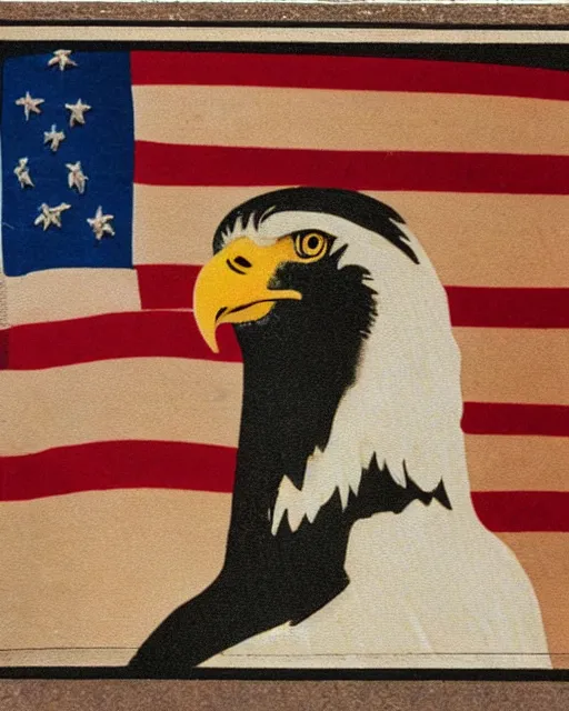 Image similar to postcard showing 'a cool bald eagle perched on a beach chair with shades and a beer bottle' laying in the sand, advertisement, american flag