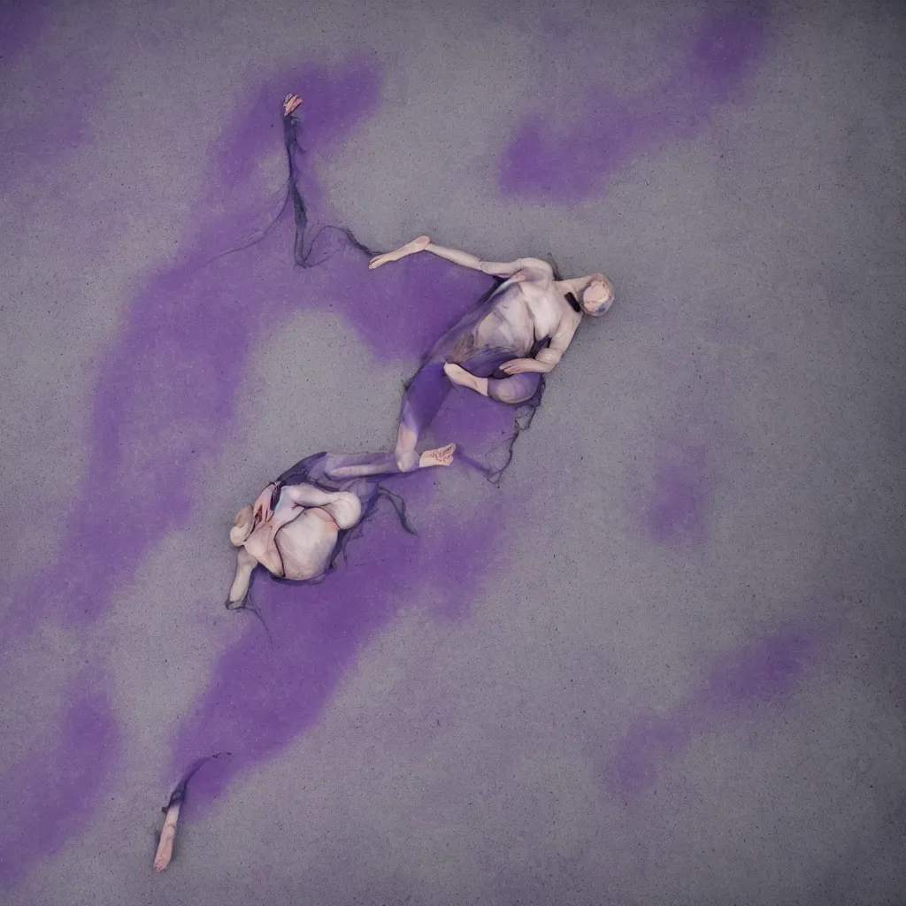 Prompt: aerial view of iridiscent oil spill in sahara with women corpses connected by cables and computers to wax forms to a buried baby relaxing on yoga mat, faded, purple gradient, dust, purple fog, depth of field, by werner herzog, hans bellmer and nadav kander, 8 k, sad atmosphere, cinematic