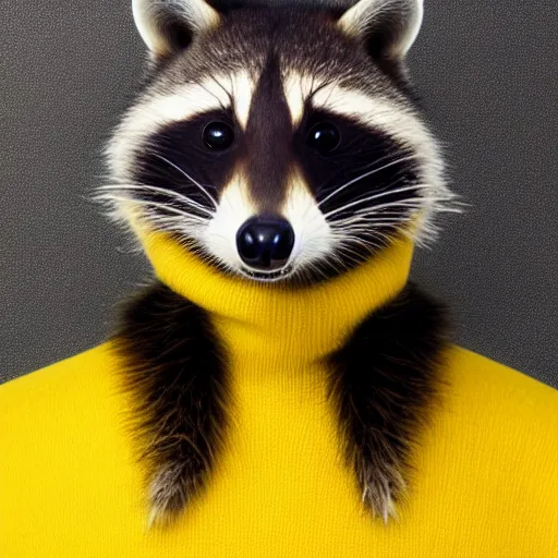 Image similar to happy racoon wearing a yellow turtleneck, studio, portrait, facing camera, studio, dark bg