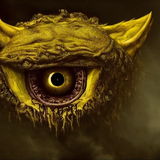 Prompt: epic masterpiece of cinematographic hyperrealism where a two large yellow eyes peer from the darkness, horror, ominous, beast, horror movie