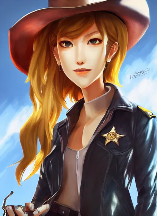 Image similar to full size persona, female sheriff, global lighting, detail, ultra sharpness, beautiful female, detailed face, art by huyy nguyen, style by cain kuga, cowboy bebop art style