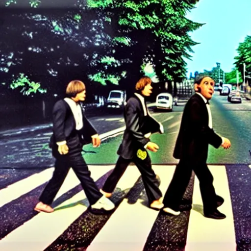 Prompt: the three stooges crossing abbey road,