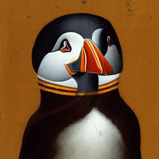 Prompt: “A renaissance style portrait of a puffin in military uniform”