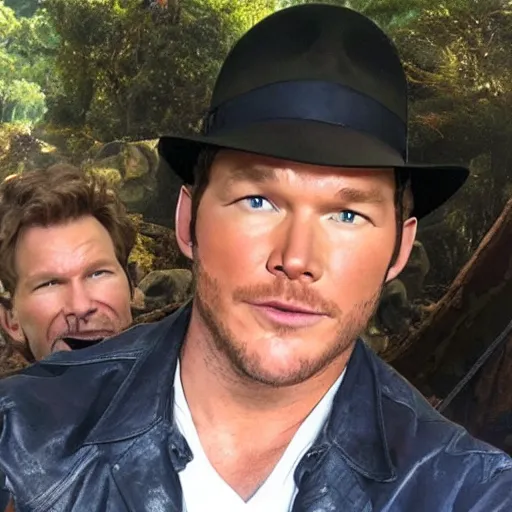 Image similar to chris pratt as indiana jones 5, epic pose, selfie with harrison ford