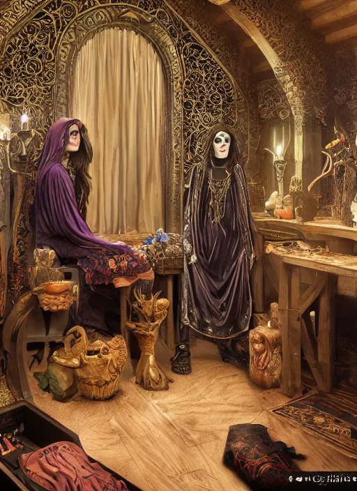 Prompt: picture inside covens den, textless hyper ornate wiccan masks, intricate wiccan scene detailing, highly detailed, lifelike, photorealistic, diffuse lighting, hdrp render, artstation, unreal 5, smooth, sharp focus, art by john collier, albert aublet, krenz cushart, artem demura, alphonse mucha