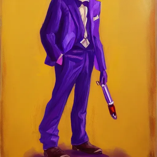 Prompt: waluigi dressed as a mobster, oil painting, purple background