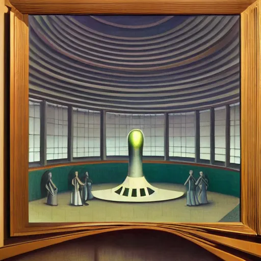 Image similar to exaggerated death ray, doomsday weapon, evil lair, mastermind, observatory interior, rotunda, shield, comedic, dystopian, grant wood, pj crook, edward hopper, oil on canvas