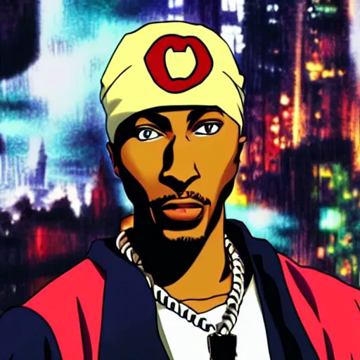 Image similar to Tupac Shakur, screenshot from a 2012s anime