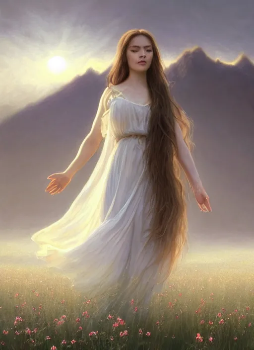 Image similar to oil painting portrait of a young woman with long dark flowing hair in a dress made of white flowers, dancing levitating floating over a field of flowers at sunset with mountains in the background, hazy, digital art, chiaroscuro, artstation, cinematic, golden hour, digital art painting by greg rutkowski, bouguereau, hazy atmosphere, flowers, cinematic lighting