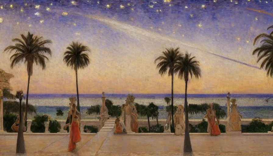 Image similar to a ultradetailed beautiful painting of the night sky of the amazonas palace balustrade designed by jules bastien - lepage, tarsila do amaral, frank weston and gustave baumann, beach, trending on artstation, mediterranean, palm trees, sharp focus, giant greek columns, soft light, 8 k 4 k