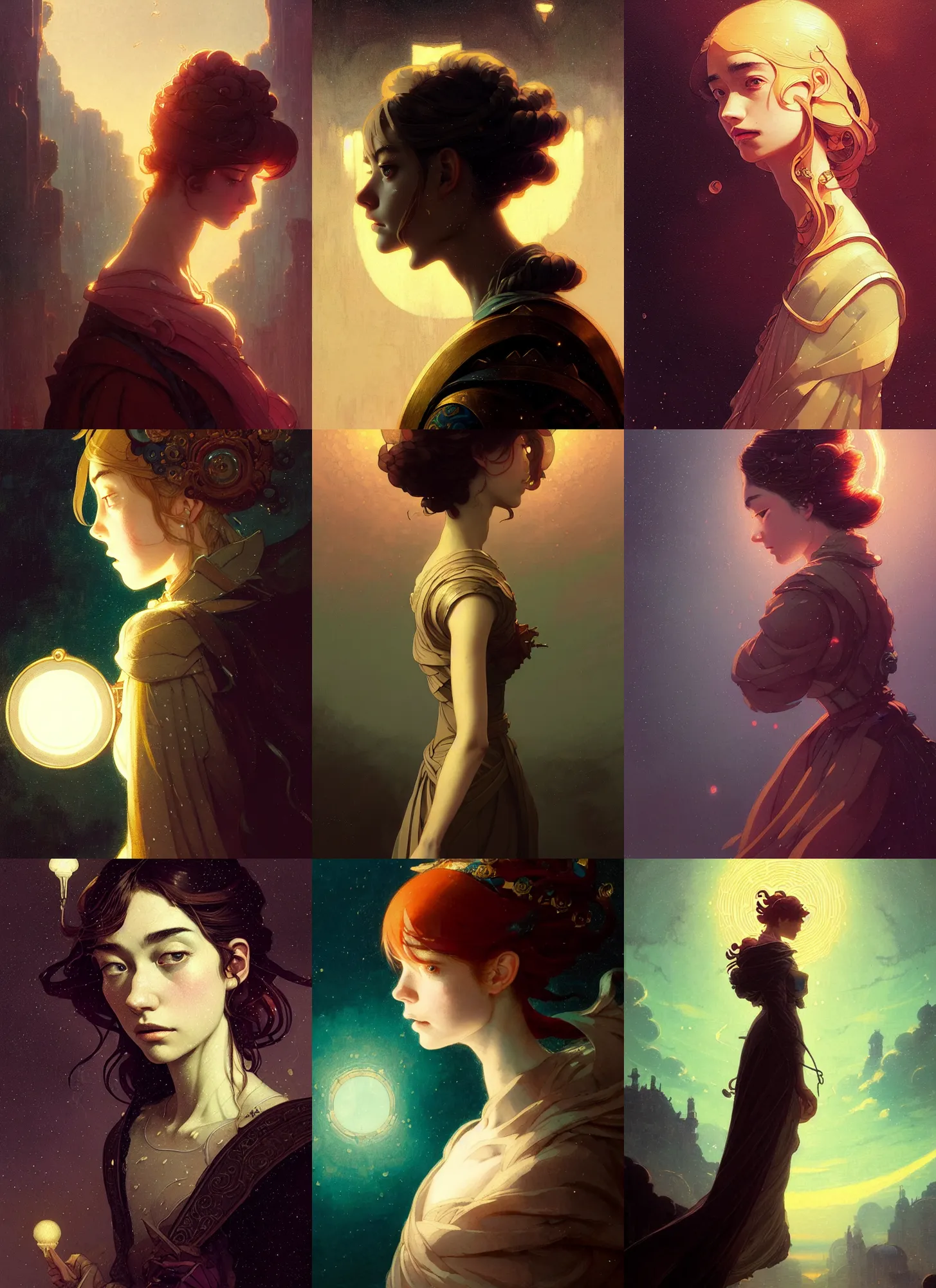 Prompt: side portrait, baroque oil painting, imogen poots, paladin, gloomhaven, anime, tarot card, art nouveau, luminescent, illustration concept art, bokeh, by victo ngai, fanbox, greg rutkowski, makoto shinkai, studio ghibli