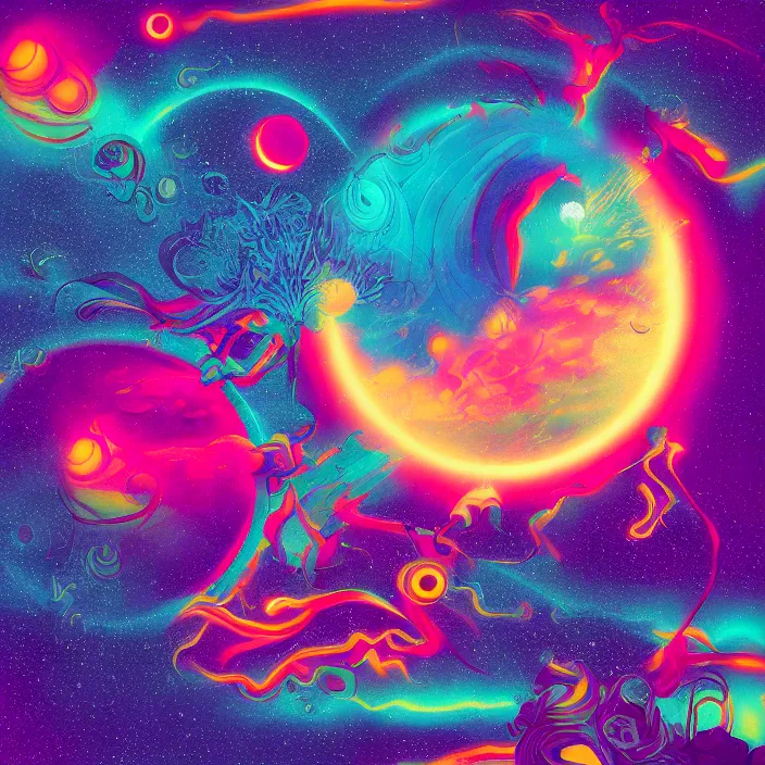 Prompt: psychedelic surrealist album cover featuring a moon, lasers, gradients, grainy, glowy, matte colors, trending on artstation