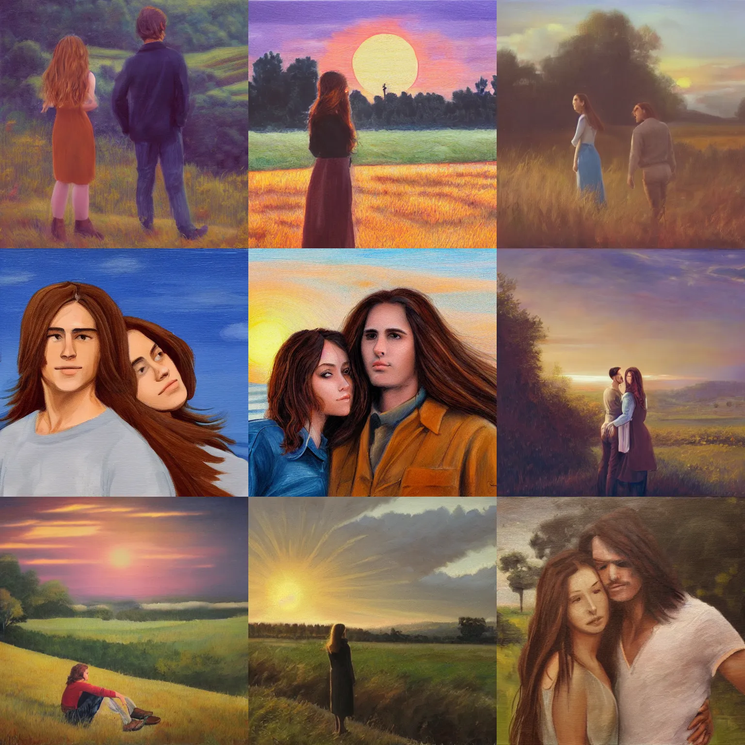 Prompt: long shot landscape young man and woman with long brown hair, sun rise, realism