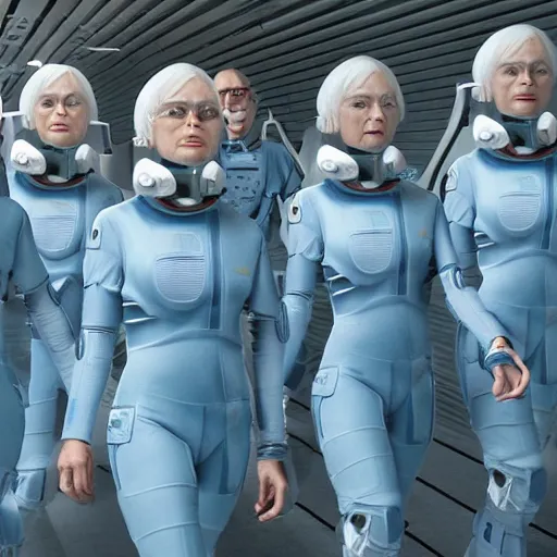 Image similar to troop of grannies with white bob hairdos, tight light blue neopren pilot suits, futuristic cloning facility, sci - fi, highly detailed, cinematic
