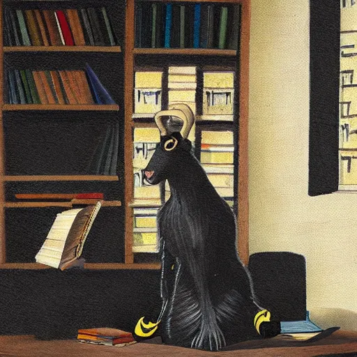 Prompt: a portrait of a black goat teaching art history, digital art, daryl tan, classroom