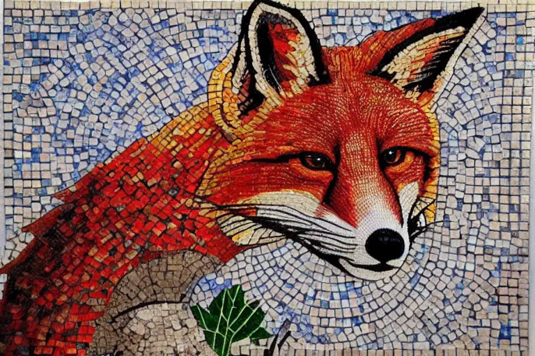 Prompt: Tile mosaic mural of a Red Fox, intricate detailing, mostly triangular and geometric, beautiful high quality art