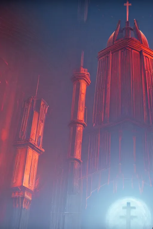 Image similar to symmetrical, centered composition, ancient church with red shafts of light in destiny 2, foggy, liminal, dark, dystopian, beautiful architecture, abandoned, highly detailed 4 k destiny 2 expansion key art wallpaper