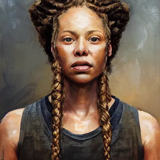 Prompt: a portrait of a beautiful!!! and fierce!!! woman with cornrow braids by Tim Okamura and Andrew Wyeth, she is standing in a very large room with many windows and columns, a detailed matte painting by Noah Bradley and Moebius, cgsociety, concept art, solarpunk, optimistic future, natural light, golden light, life after the plague, backlit, rim lighting