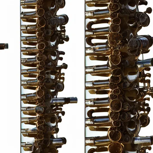 Prompt: wind instrument made from a vertical arrangement of glazed ceramic pipes in the shape of vocal tracts emerging from earth ejecting a pattern of cymatic jet streams of vapour , highly detailed , 8k , octane , frontal view