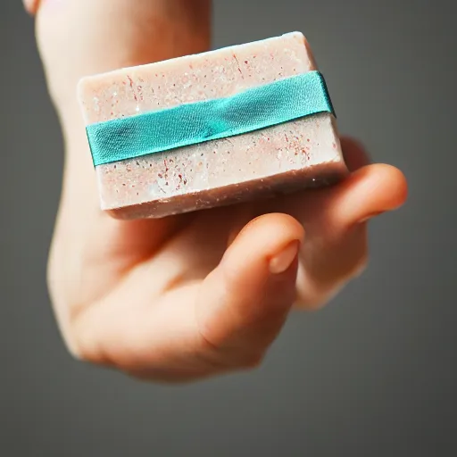 Prompt: a hand holding up a hand made scented bar of soap with a ribbon around it, soap shop in the background, studio advertising photography