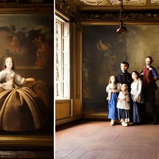 Prompt: super quality family portrait in the main room of the castle painted in 1 6 5 6, dark room, one point of light coming through the window inspired by las meninas, clear spaces between each subject and good detail and realistic eyes, faces for each person in the canvas by leesha hannigan, ross tran, thierry doizon, kai carpenter, ignacio fernandez rios