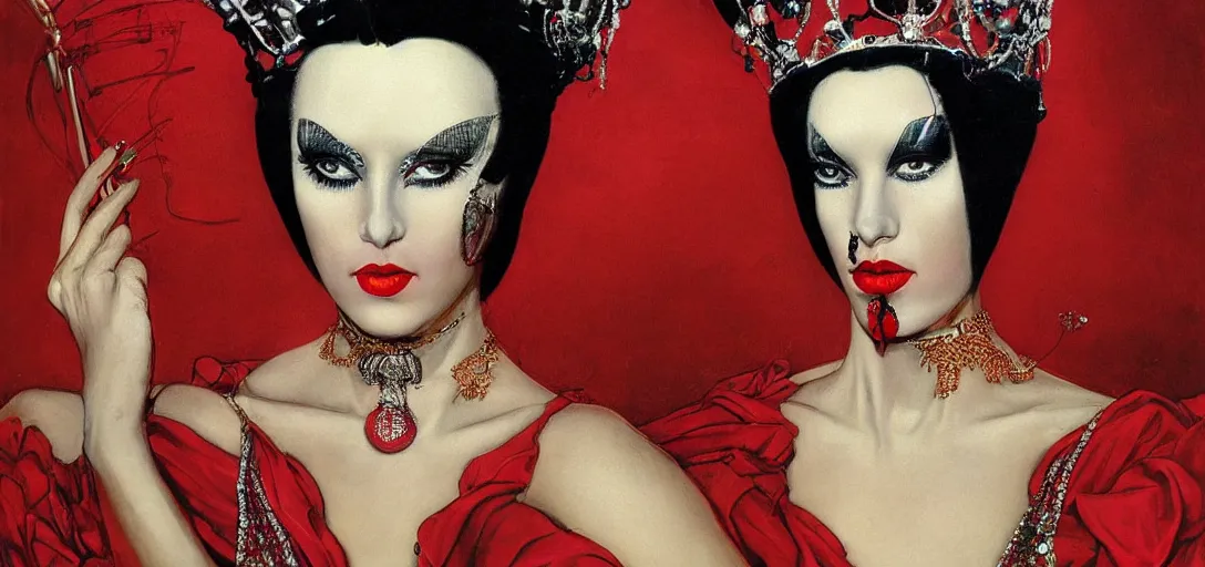 Prompt: an 8 0 s close - up portrait of a woman with dark eye shadow and red lips with dark slicked back hair, a mask of beads and jewels hanging from a crown by serge lutens, delphin enjolras, peter elson, flat surreal psychedelic colors, background of classic red cloth