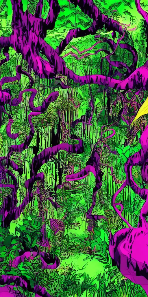 Prompt: Magic jungle, digital graffiti landscape detailed sci-fi fantasy surreal dark green, black, purple, fuchsia moody lightning, deep shadows HD,