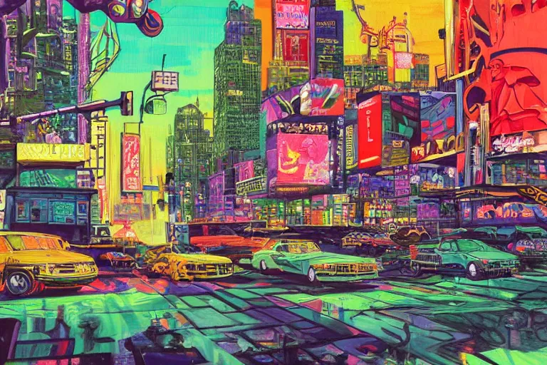 Prompt: a gorgeous landscape new york city, in the metaverse, psyhdelic, 9 0's vibes, grungy, rappers in the streets, basketball courts, takashe kulliko art, highly detailed, masterful composition, neon cyber colors, liminal spaces
