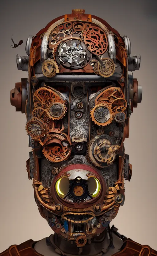 Image similar to steampunk tribal mask, robot, japanese pottery, vivid colors, wood, metal, intricate details, trending on cgsociety, concept art, glowing eyes, sharp focus, ultra realistic details, cinematic atmosphere, global illumination, shadows, octane render, 8 k