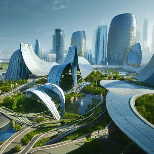 Image similar to utopian future city with amazing modern architecture, parametric design, highly detailed, photorealistic portrait, bright studio setting, studio lighting, crisp quality and light reflections, unreal engine 5 quality render