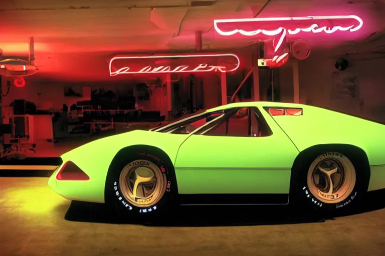 Image similar to designed by Giorgetto Giugiaro stylized poser of a race car, thick neon lights, ektachrome photograph, volumetric lighting, f8 aperture, cinematic Eastman 5384 film