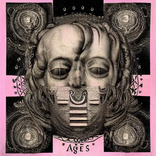 Prompt: post - punk new age album cover, asymmetrical design, dollars, bank notes, magic, apocalypse, psychedelic, black white pink, magic, giger h. r., giuseppe arcimboldo