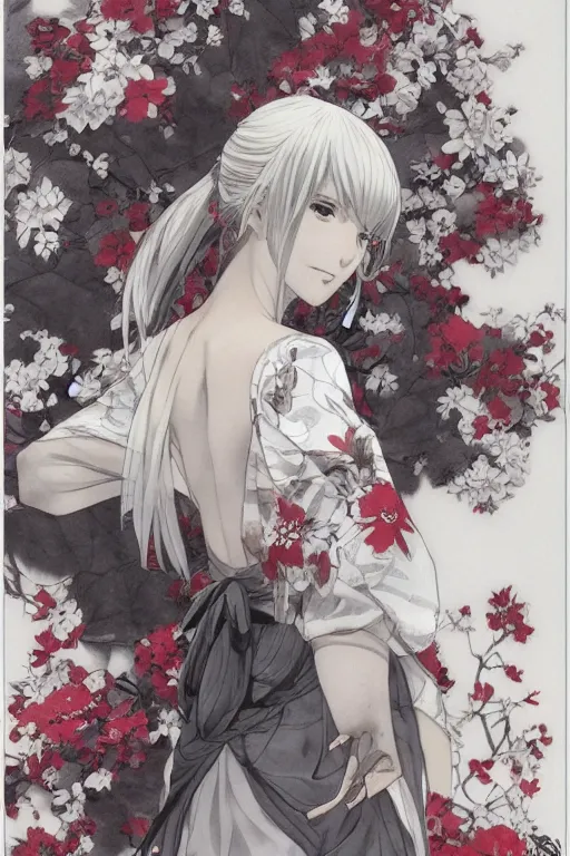 Prompt: (beautiful) girl, silver hair, white kimono with complex red flower patterns, full body, looking to camera, showing her shoulder from back, ilustration by (Takehiko Inoue) (and Krenz Cushart)