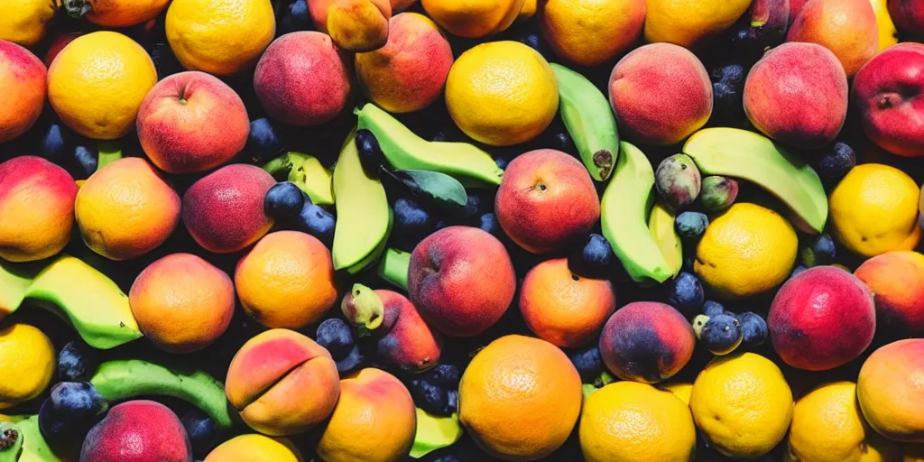 Prompt: assorted healthy citrus fruits on bright red background. ripe peaches, apples, oranges, bananas, grapes and avocado for your healthy nutrition