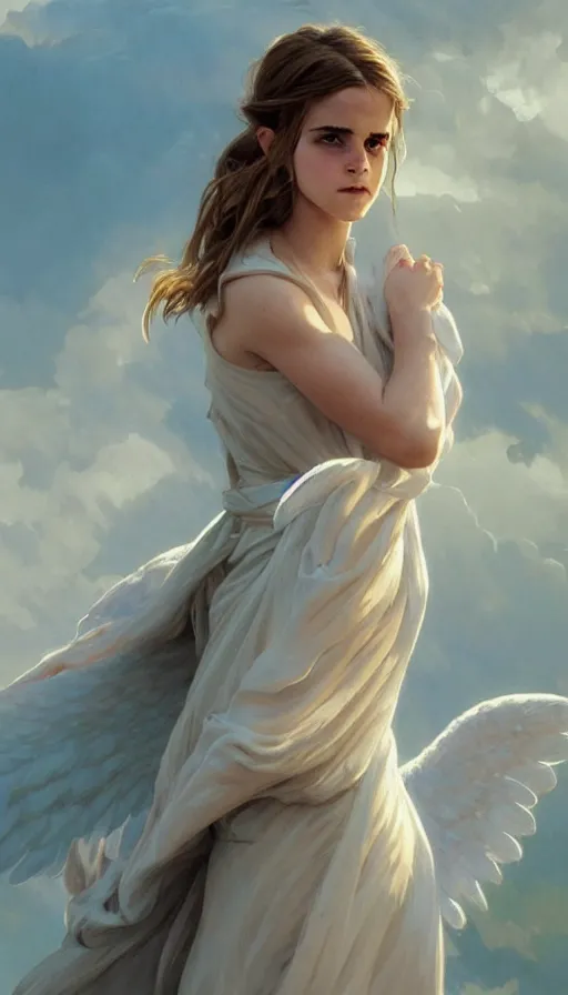 Image similar to angel, perfectly-centered-painting of young Emma watson, sweaty, dynamic action pose, insane, intricate, highly detailed, digital painting, artstation, concept art, smooth, sharp focus, illustration, Unreal Engine 5, 8K, art by artgerm and greg rutkowski and alphonse mucha