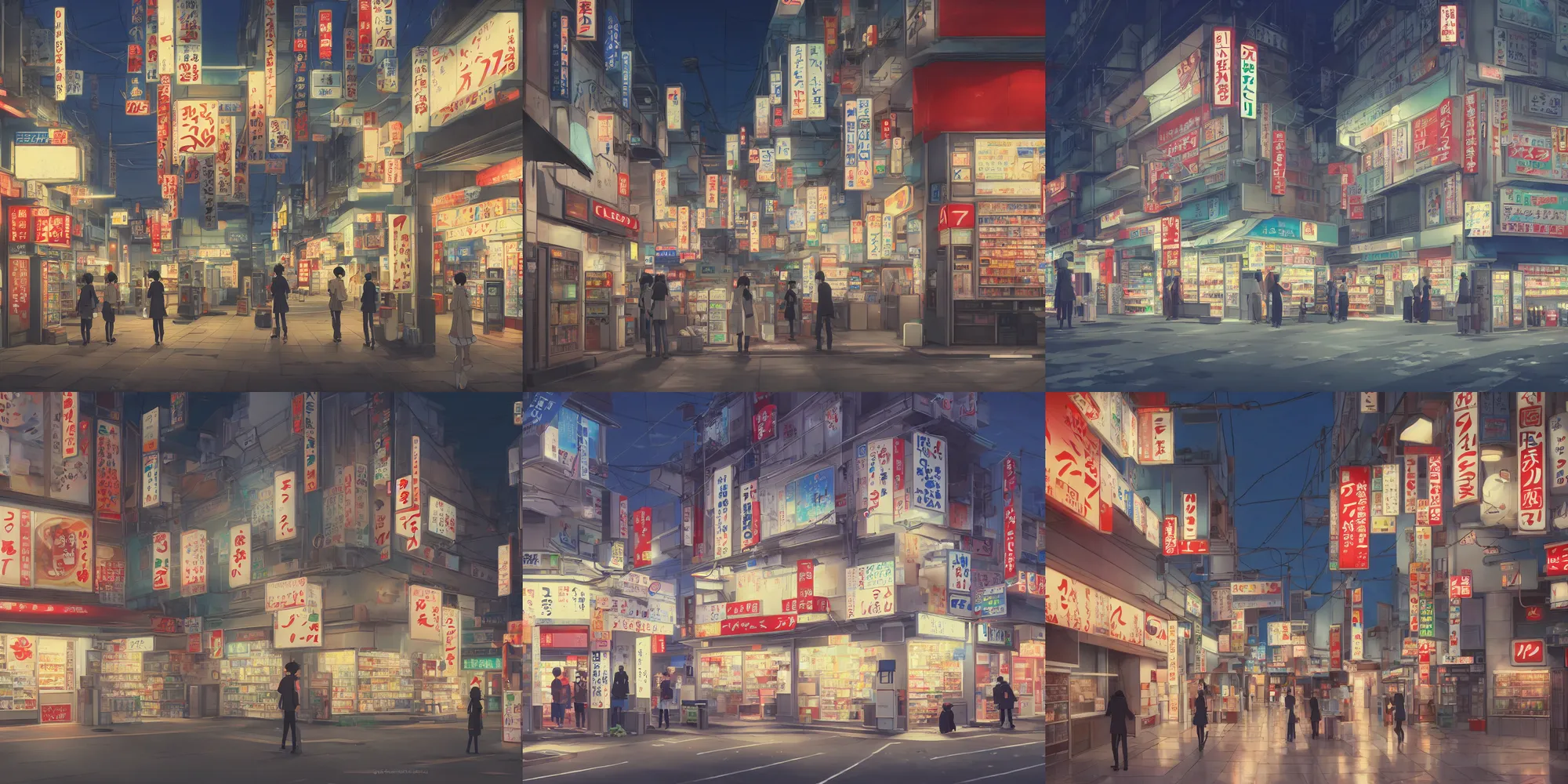 Prompt: 7 1 1 convenience store on a quiet tokyo street, night time, anime by makoto shinkai, 4 k