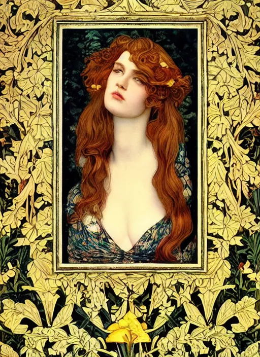 Image similar to masterpiece beautiful seductive flowing curves pose preraphaelite portrait photography, extreme closeup shot, straight bangs, thick set features, yellow ochre ornate medieval dress, amongst foliage mushroom forest arch, circle, william morris and kilian eng and mucha, framed, 4 k