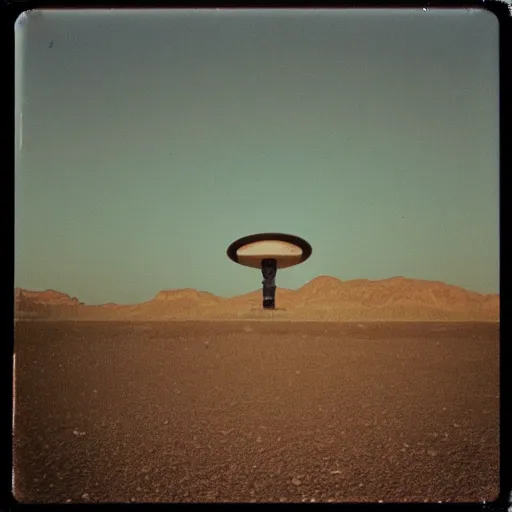 Image similar to a flying saucer over a the desert at night, distant!!, historical photo, old polaroid, expired film,