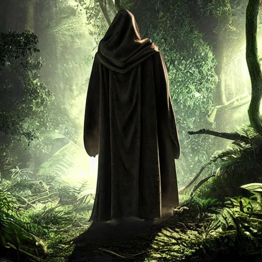 Image similar to a man wearing a long cloak and hood, walking through a lush jungle, realistic octane render, ray traced, god rays, extremely high detail