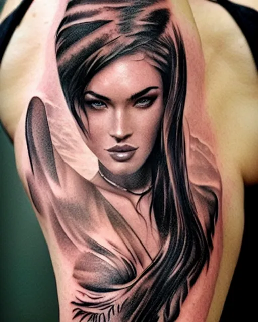 Image similar to creative double exposure effect tattoo design sketch of megan fox with beautiful mountains, realism tattoo, in the style of andrey lukovnikov, amazing detail, sharp