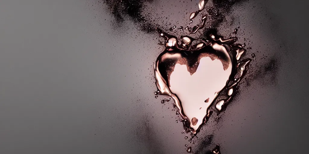 Prompt: rose gold heart dripping liquid against a deep black background, octane render, v-ray, 8k