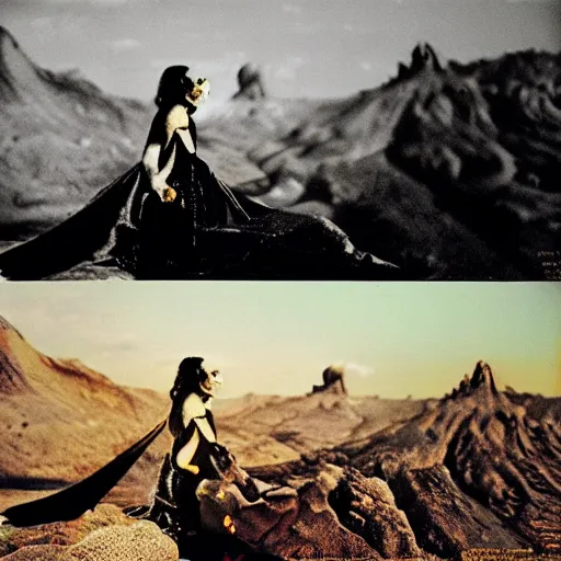 Image similar to salvador dali wearing a black costume with jewels and golden crown, in a dry rocky desert landscape, visible sky and sunny atmosphere, fata morgana film still from the movie by alejandro jodorowsky with cinematogrophy of christopher doyle and art direction by hans giger, anamorphic lens, kodakchrome, very detailed photo, 8 k