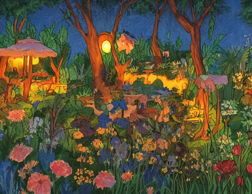 Prompt: dusk at the oasis. gouache painting by beloved children's book illustrator, chiaroscuro, bloom, backlighting, intricate details