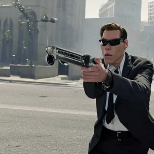 Image similar to Live Action Still of Jerma985 in Men in Black, real life, hyperrealistic, ultra realistic, realistic, highly detailed, epic, HD quality, 8k resolution, body and headshot, film still