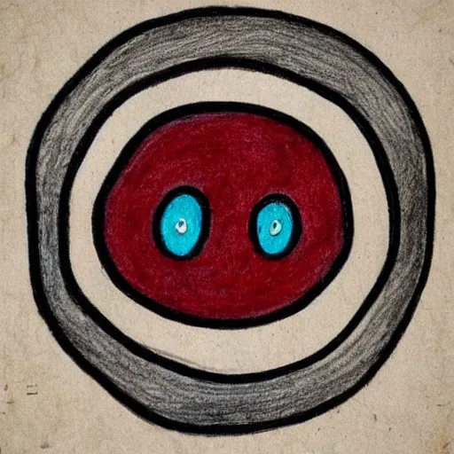 Image similar to primitive drawing of smiling circle face with red eyes thumb up. Сhild drawing picture